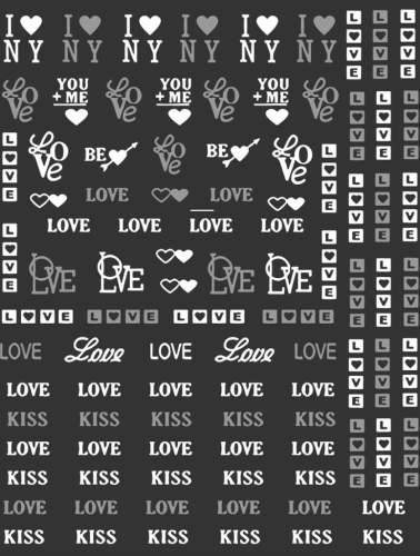 Nagelsticker - Aufkleber selbstklebend - Nail Sticker - Weiss Silber  Love Wörter Kiss